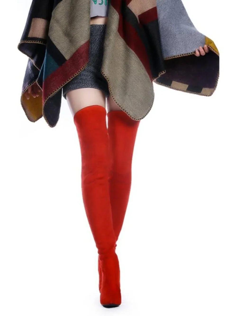 Women's Red Suede Stretch Chunky Heel Over Shaft Length Knee Boots Thigh High
